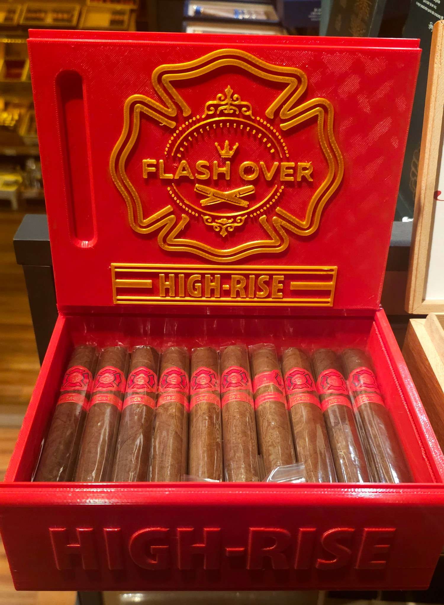 Flashover Cigars High-Rise case, retail shelf